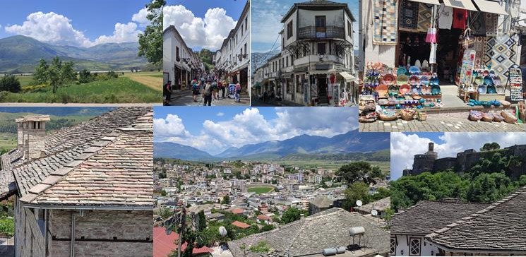 vue de Gjirokastra, assiettes, toit de lauzes